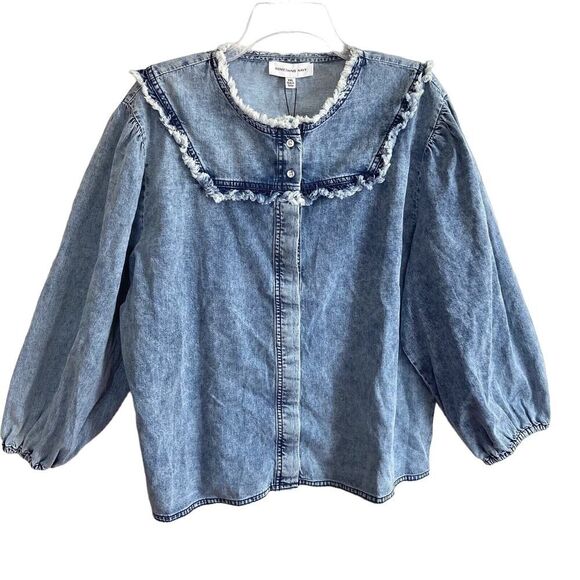 Something Navy Chambray Ruffle Shirt Blue Size XXL - Picture 2 of 12
